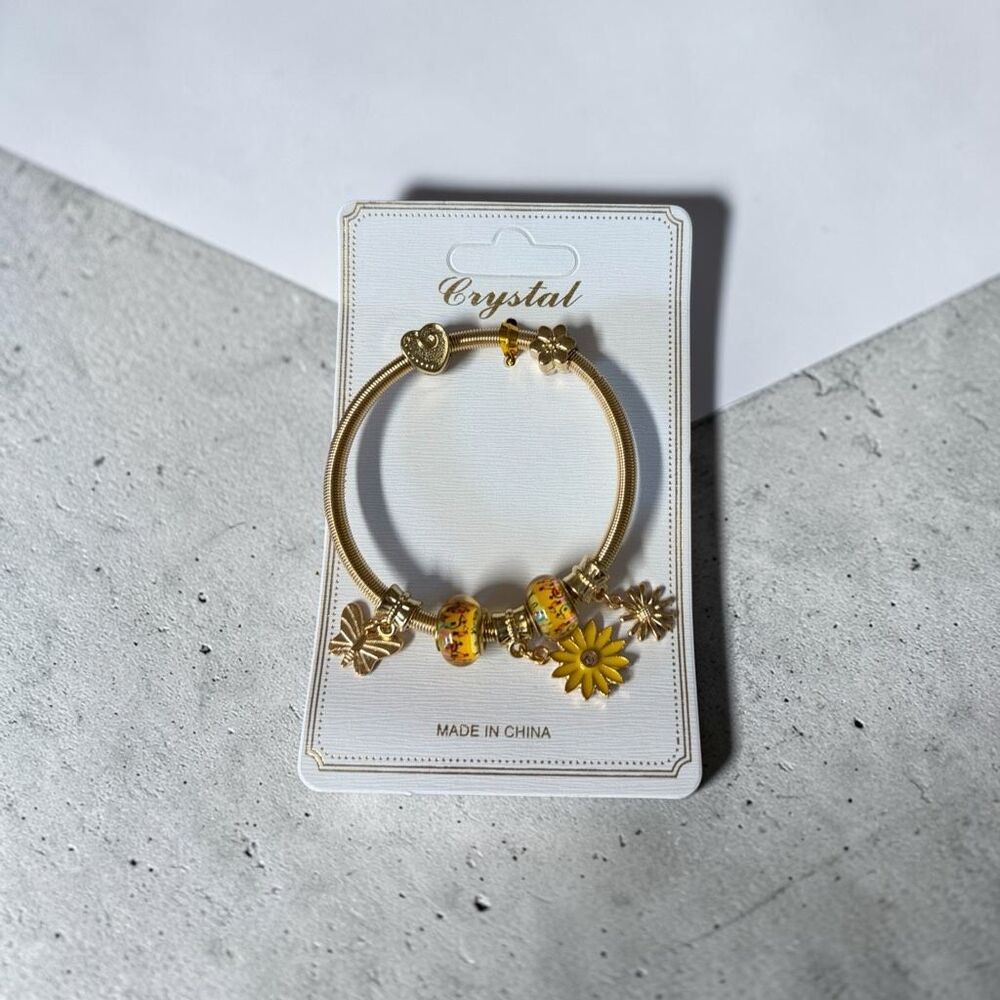 New Gold Tone Floral Charm Bracelet Yellow Flower Beads Crystal Carded